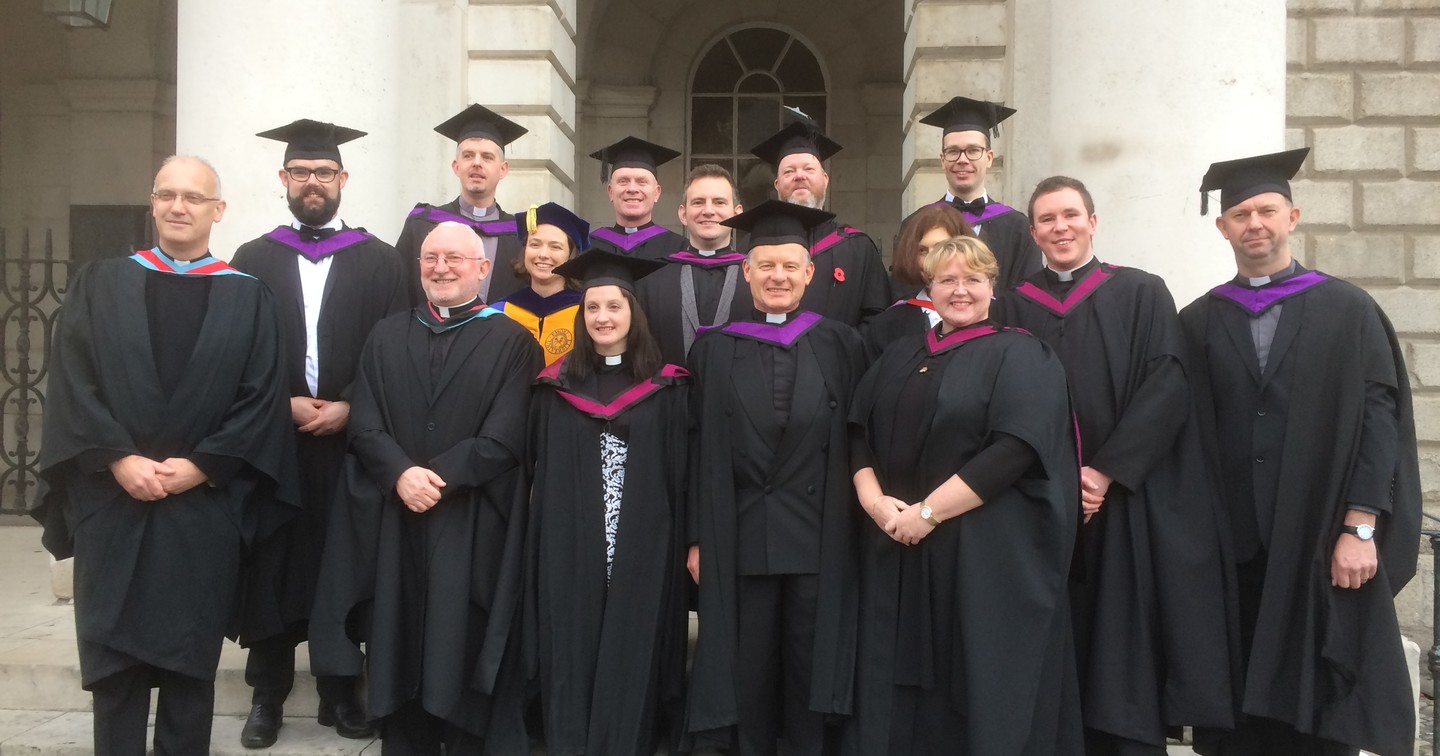 The class of 2018 Graduation photo with the Rev Dr Maurice Elliott ( Director ) , Dr Katie Heffelfinger, Rev Dr Paddy McGlinchey and Dr Bridget Nichols