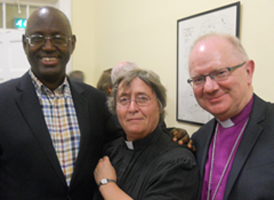 Archbishop Bernard Ntahoturi of Burndi Canon Dr Alyson Barnett–Cowan, secretary of IASCUFO, and Bishop Richard Clarke of Meath at the meeting in the Church of Ireland Theological Institute (Photograph: Patrick Comerford)