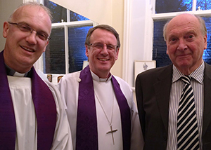Bishop Kenneth Kearon of Limerick and Killaloe (centre) with the Director of CITI, the Revd Canon Dr Maurice Elliott (left) and Dr Michael Webb (right), chair of the Library Committee (Photograph: Patrick Comerford)