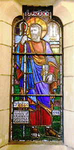 Saint Patrick … a stained glass window in a porch in Saint Bartholomew's Church,
Dublin (Photograph: Patrick Comerford)