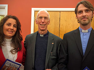 The Revd Caroline Farrar (left) and the Revd Ian Horner (right) with the Revd Canon Dr Adrian Chatfield (centre) who launched their new books in CITI (Photograph: Patrick Comerford)