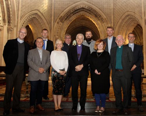 The Third Level Chaplaincy Team is pictured with Archbishop Michael Jackson and representatives of CITI. Left to right: Revd Canon Dr Maurice Elliott (Director of CITI), the Revd Julian Hamilton (Methodist Chaplain, TCD), Andrew Somerfield (DIT), Sarah Marshall (DIT), the Revd Steve Brunn (TCD), Archbishop Michael Jackson, Scott Evans (UCD), Susie Keegan (DIT), Philip McKinley (DCU), the Revd Dr Patrick McGlinchy (CITI) and the Revd Rob Jones (team leader). Photograph: Lynn Glanville